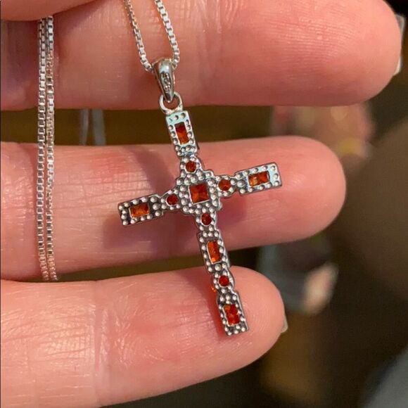 Sterling Silver Cross Necklace-Bole Orange CZ-18" Box Chain - Picture 8 of 8